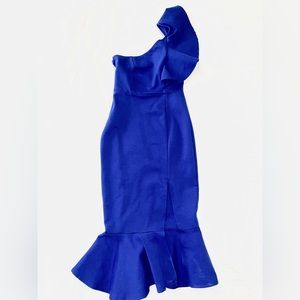 Royal Blue Bodycon Midi Dress Thick Flattering Fabric One Shoulder w/ Slit
